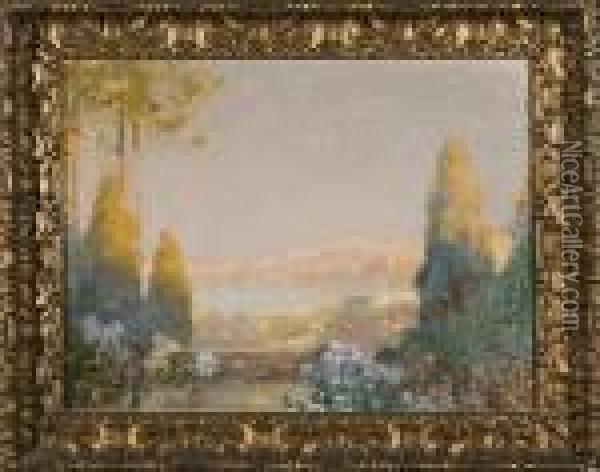 Coastal Town Viewed From Across A Bay Oil Painting - Thomas E. Mostyn