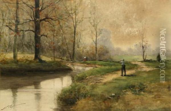 By The Stream, Autumn Oil Painting - Joseph C. Claghorn