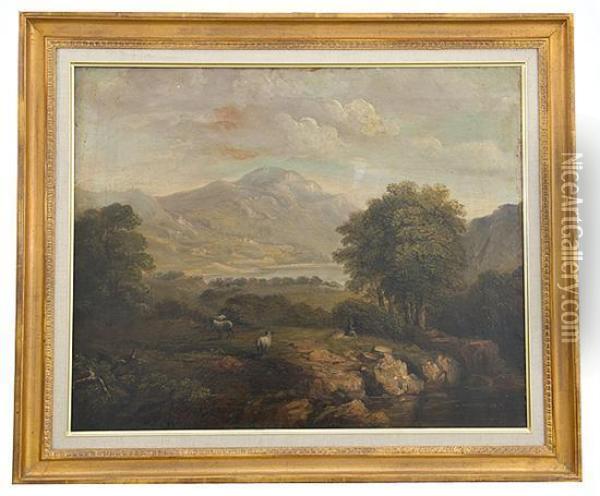Coastal Mountain Scene With Shepherd And Flock Oil Painting - A Partzer