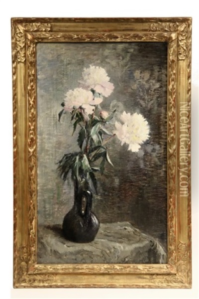 Still Life Of White Peonies In A Black Jar Oil Painting - Marie-Lucie Cornelius
