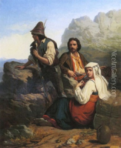 Zwei Briganten Und Junge Frau In Gebirgslandschaft Oil Painting - Leopold-Louis Robert