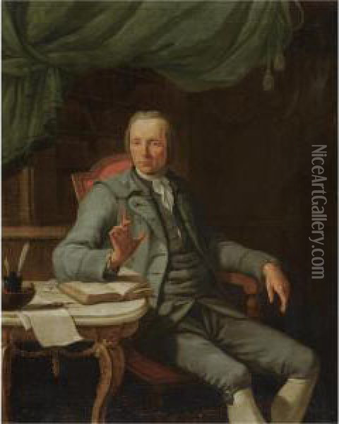Portrait Of A Gentleman, Seated Three-quarter Length, In His Study, Wearing A Grey Suit Oil Painting - Jacques Albert Senave