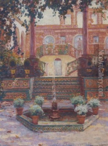 A Courtyard With A Fountain And Flowers, Portugal Oil Painting - Ernest Clifford Peixotto