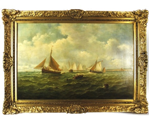 Shipping Off A Coast, Possibly Felixstowe Oil Painting - John Moore Of Ipswich
