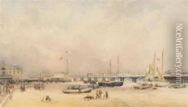 A Busy Beach Scene By The Pier Oil Painting - Robert Ernest Roe