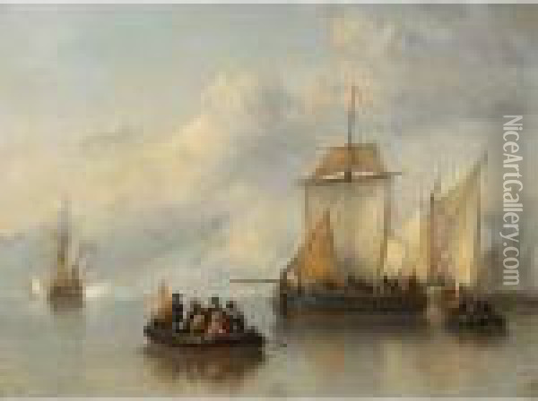 Shipping In A Calm, Figures In A Rowing Boat In The Foreground Oil Painting - Antonie Waldorp
