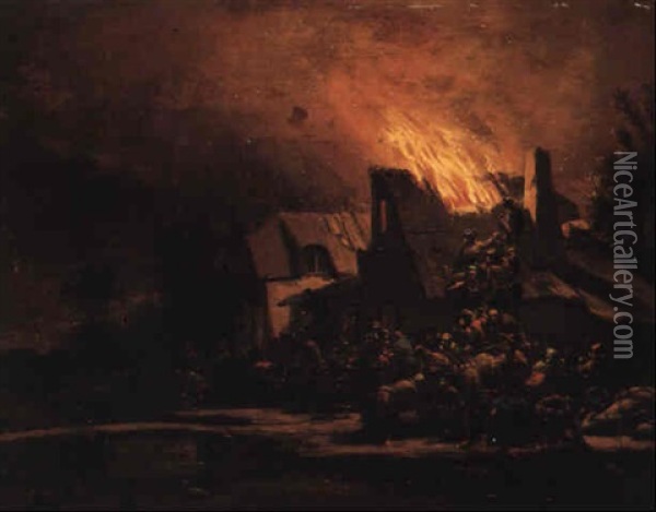 Burning Farmhouse With Villagers Oil Painting - Egbert Lievensz van der Poel