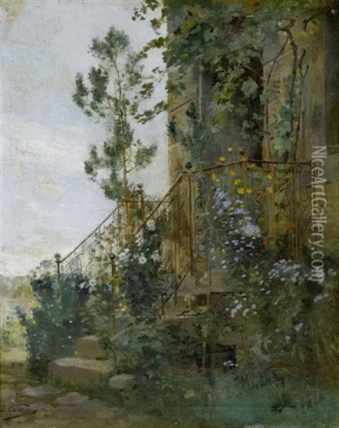 Blick Auf Einen Blumenuberwachsenen Treppenaufgang Oil Painting - Edouard Castres