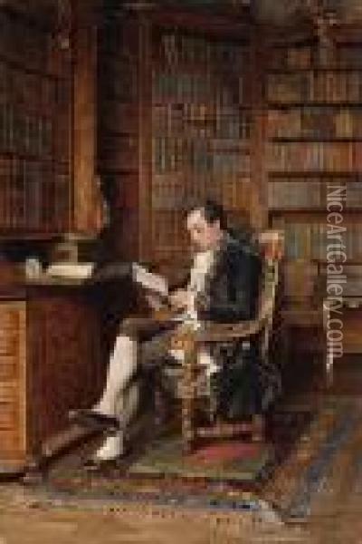 A Gentleman Reading In The Library Oil Painting - Johann Hamza