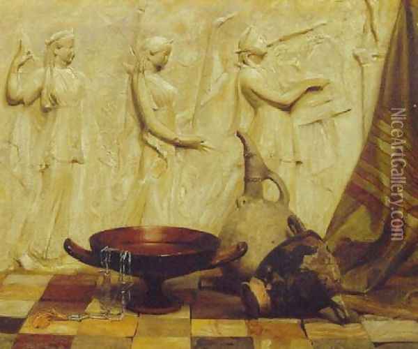 A skyphos, a kylix, a wine jug, and an Egyptian necklace before a Greek frieze, on marble tiles Oil Painting - Arthur Hacker
