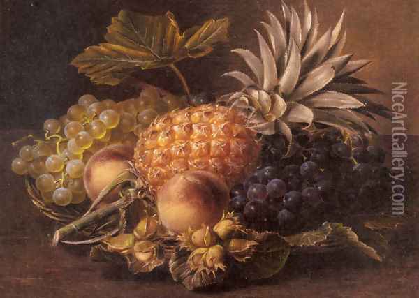 Grapes, a Pineapple, Peaches and Hazelnuts in a Basket Oil Painting - Johan Laurentz Jensen