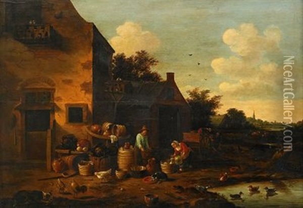 Gardsidyll Med Arbetande Bonder Oil Painting - Egbert Lievensz van der Poel