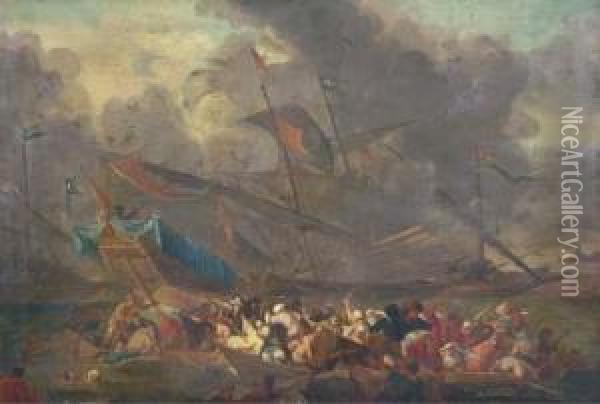 A Naval Battle Between An Ottoman And A Christian Fleet Oil Painting - Cornelis de Wael