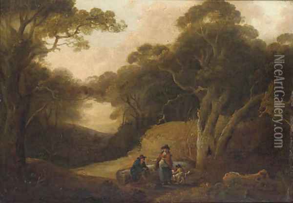 Figures resting in a woodland glade Oil Painting - Julius Caesar Ibbetson