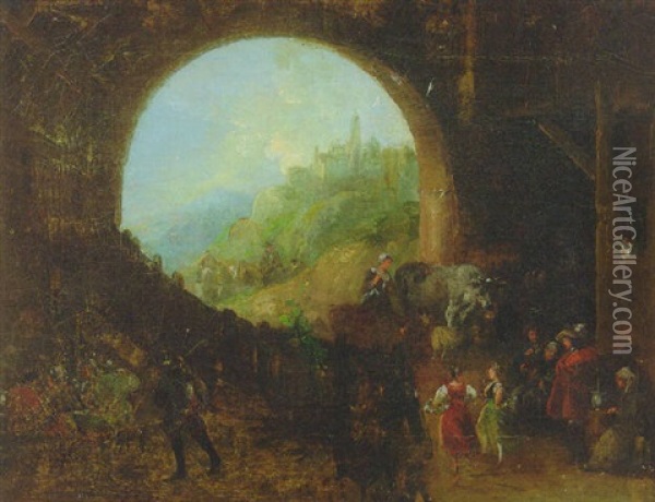 Peasants Drinking And Merrymaking In A Barn, A Hilly Landscape Beyond Oil Painting - Giuseppe Bernardino Bison