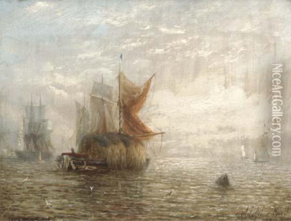 Hay Barges And Other Shipping On The Estuary Oil Painting - Adolphus Knell