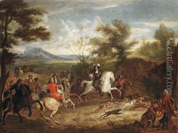 An Elegant Hunting Party And Their Dogs Following A Trail Oil Painting - Adam Frans van der Meulen