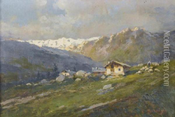 Alp Mit Schafherde Oil Painting - Anacleto Moiraghi