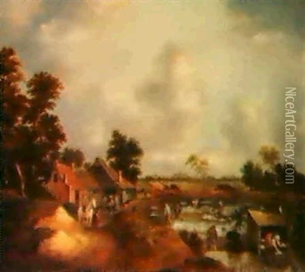 Eine Leinenbleiche In Einem Dorf, Im Hintergrund Die Stadt  Haarlem Mit Der Sint Bavo Of Groote Kerk Oil Painting - Nicolaes Molenaer