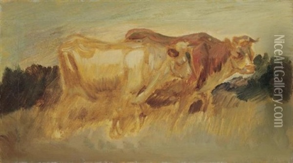 Zwei Kuhe In Landschaft Oil Painting - Wilhelm Busch