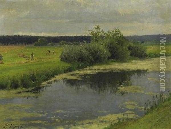 Hay Harvest. Signed Lower Left: P. Vorgang Oil Painting - Paul Vorgang