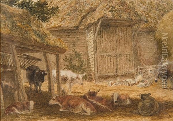 Cattle Resting In A Farmyard Oil Painting - Robert Hills