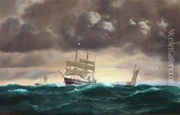 Seascape With Sailing Ships In Stormy Weather Oil Painting - Johan Jens Neumann
