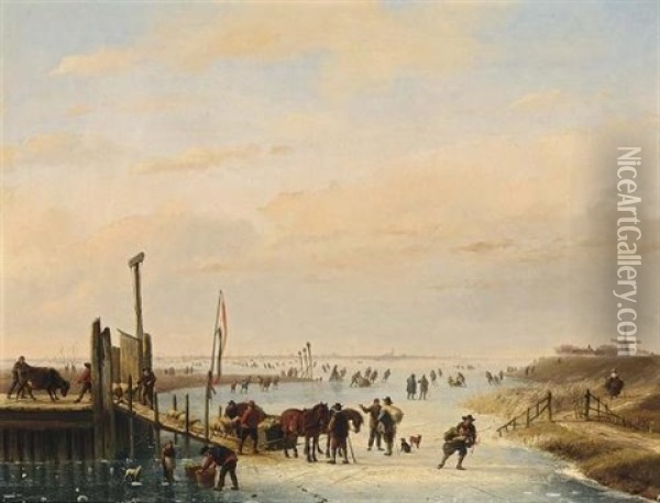 Figures And Cattle On A Frozen River (in Collab.w/eugene Joseph Verboeckhoven) Oil Painting - Nicolaas Johannes Roosenboom