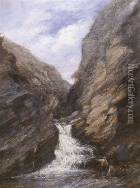 Fisher Men In Deep Gorge Oil Painting - John Wright Oakes