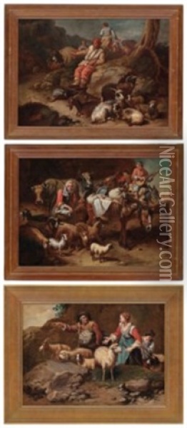 Shepherds With Their Grazing Sheep; Shepherds Resting With Their Flock; And Peasants Travelling With Donkeys And Sheep (3) Oil Painting - Francesco Londonio