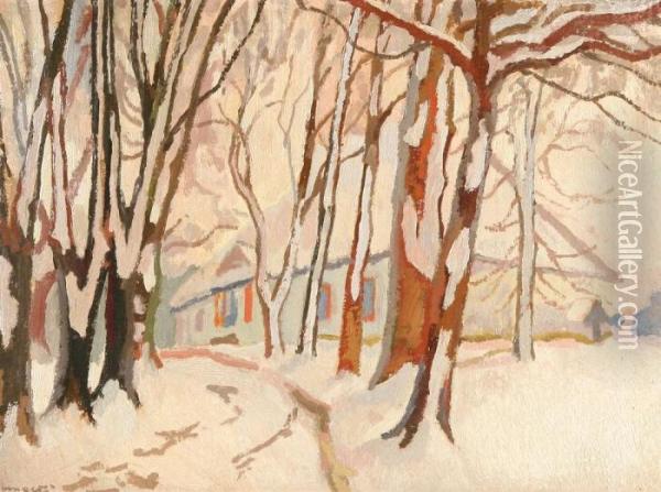House In Winter Oil Painting - Stanislaw Kamocki