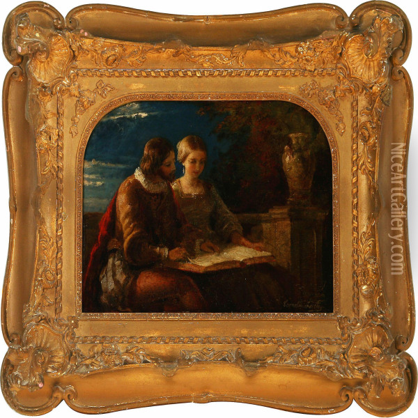 A Young Renaissancecouple Reading Oil Painting - Cornelis Lieste
