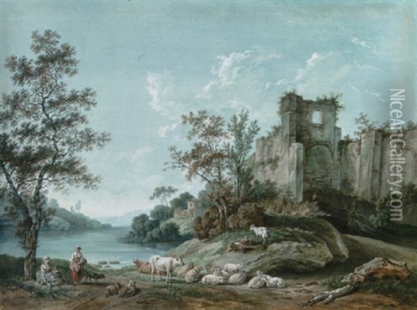 An Extensive River Landscape With The Ruins Of An Abbey, Shepherds In The Foreground Oil Painting - Francois Huet