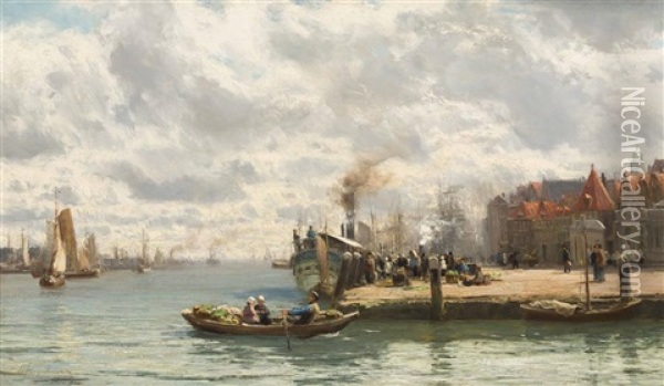 A Busy Harbour Scene Oil Painting - David Farquharson