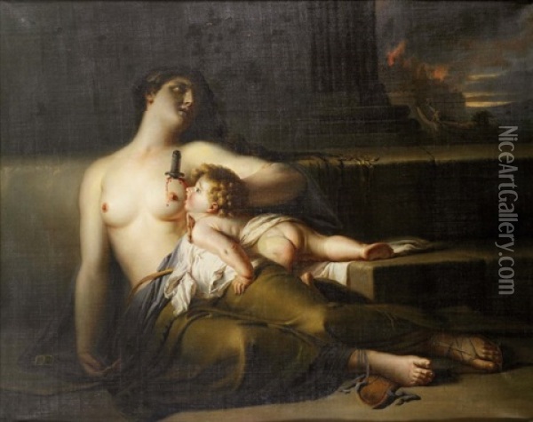 Mere Et Son Enfant Durant La Guerre De Troie Oil Painting - Pierre Nicolas Legrand de Lerant