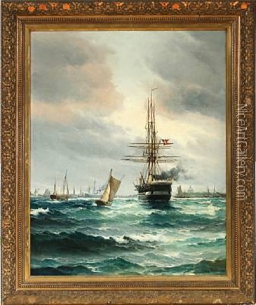 Harbour Scene From Copenhagen With The Frigate "jylland" Oil Painting - Vilhelm Victor Bille