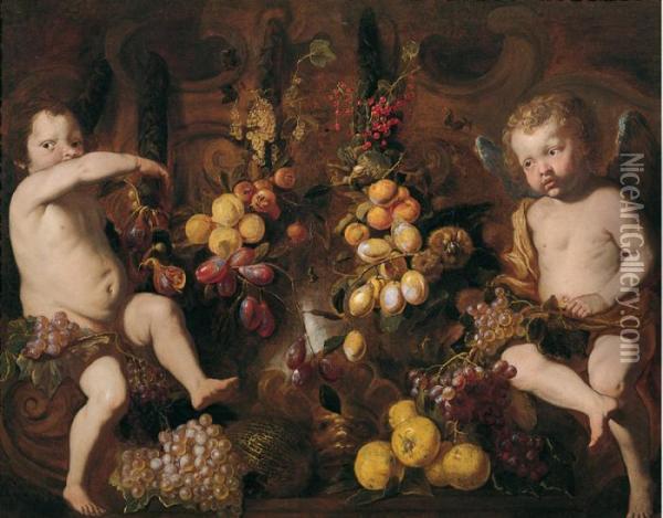 trionfo Di Frutta Con Amorini Oil Painting - Pietro Novelli Il Monrealese