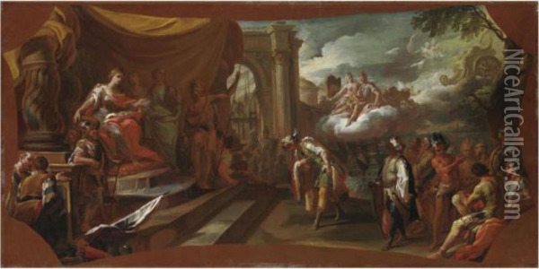 Enea Davanti A Didone Nel Tempio Di Giunone A Cartagine Oil Painting - Corrado Giaquinto