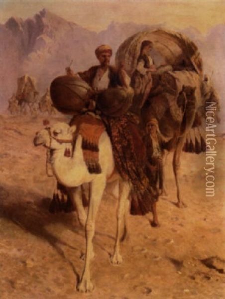A Caravan Of Camels Crossing The Desert Mountains Beyond Oil Painting - Joseph Austin Benwell