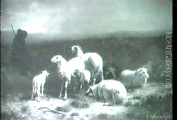 Schafer Mit Seiner Herde. Oil Painting - Carl Heinrich Hoffmann