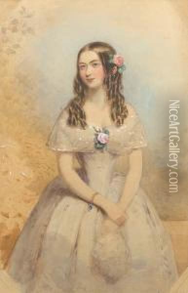 A Lady, Wearing Grey Dress With 
White Lacebertha, Corsage Of Pink Roses And Green Leaves, A Gold 
Bracelet Setwith A Blue Stone On Her Right Wrist, Her Arms Crossed In 
Front,holding A Lace Handkerchief In Her Left Hand, Her Long Brown 
Hairworn In R Oil Painting - Francois Theodore Rochard