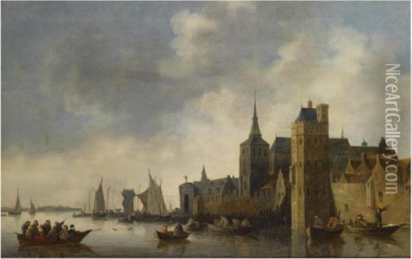 A River Landscape With Fishermen
 In Small Vessels Near The City Ofantwerp, With A Church Tower On The 
Right, Sailing Boats In Thebackground Oil Painting - Jan van Goyen