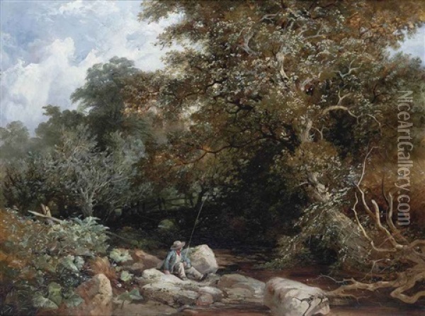 An Angler Beside A Wooded Stream Oil Painting - William James Mueller