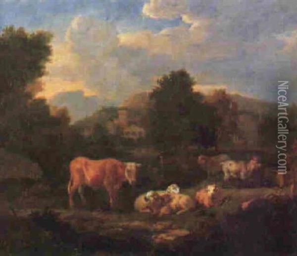 Wooded Italianate Landscape With Cattle, Sheep And Goats, Town Oil Painting - Pieter van Bloemen