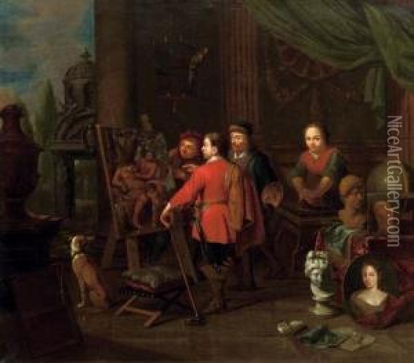 An Artist's Studio With An Elegant Man Inspecting A Painting Oil Painting - Balthazar Van Den Bossche