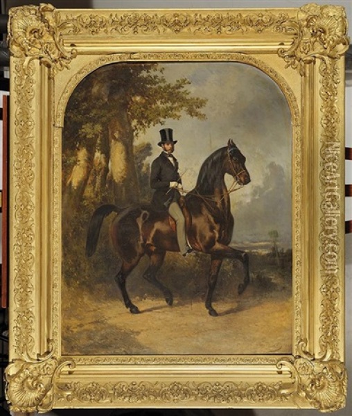 Portrait Equestre De M. Faroux En Haut De Forme Oil Painting - Louis Robert Heyrault