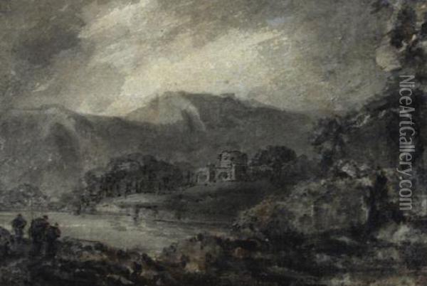 Castle In A Welsh Landscape Oil Painting - William Gilpin