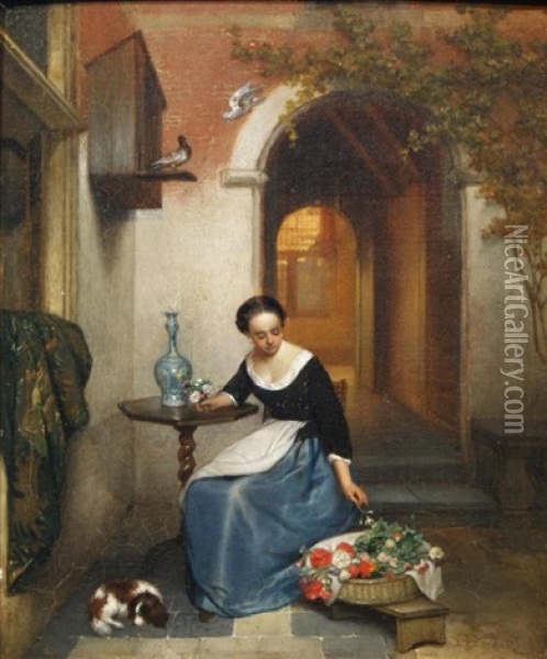 Lady Arranging Flowers Oil Painting - Hubertus van Hove