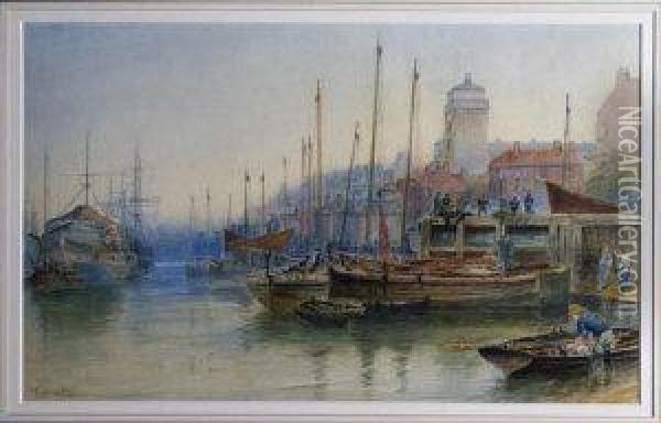 North Shields Harbour With 
Fishing Boats In The Foreground And The Wellesley In The Middle Distance Oil Painting - Robert Jobling
