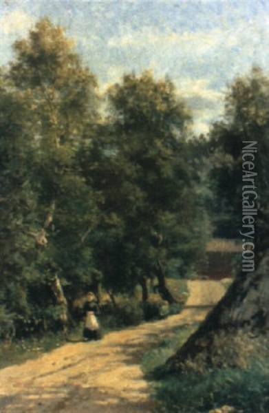 Solbelyst Grusv,g Med Promenerande Kvinna Oil Painting - Konrad Simonsson